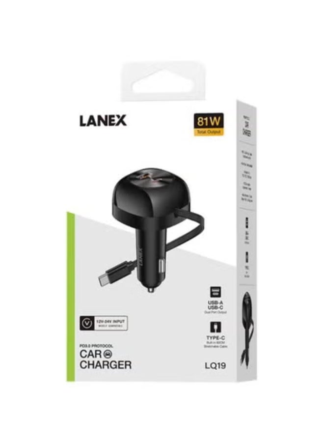 Lanex 2Port Stretchable Type-C Cable Car Charger Black - LQ19 - Image 3