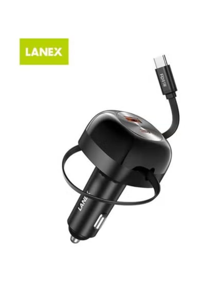 Lanex 2Port Stretchable Type-C Cable Car Charger Black - LQ19 - Image 5