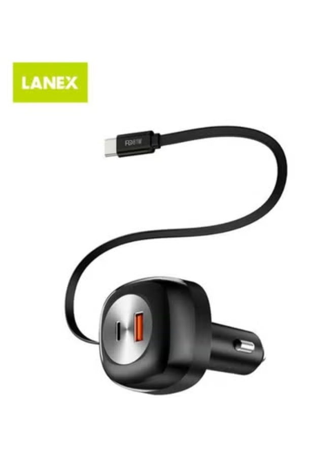 Lanex 2Port Stretchable Type-C Cable Car Charger Black - LQ19 - Image 2