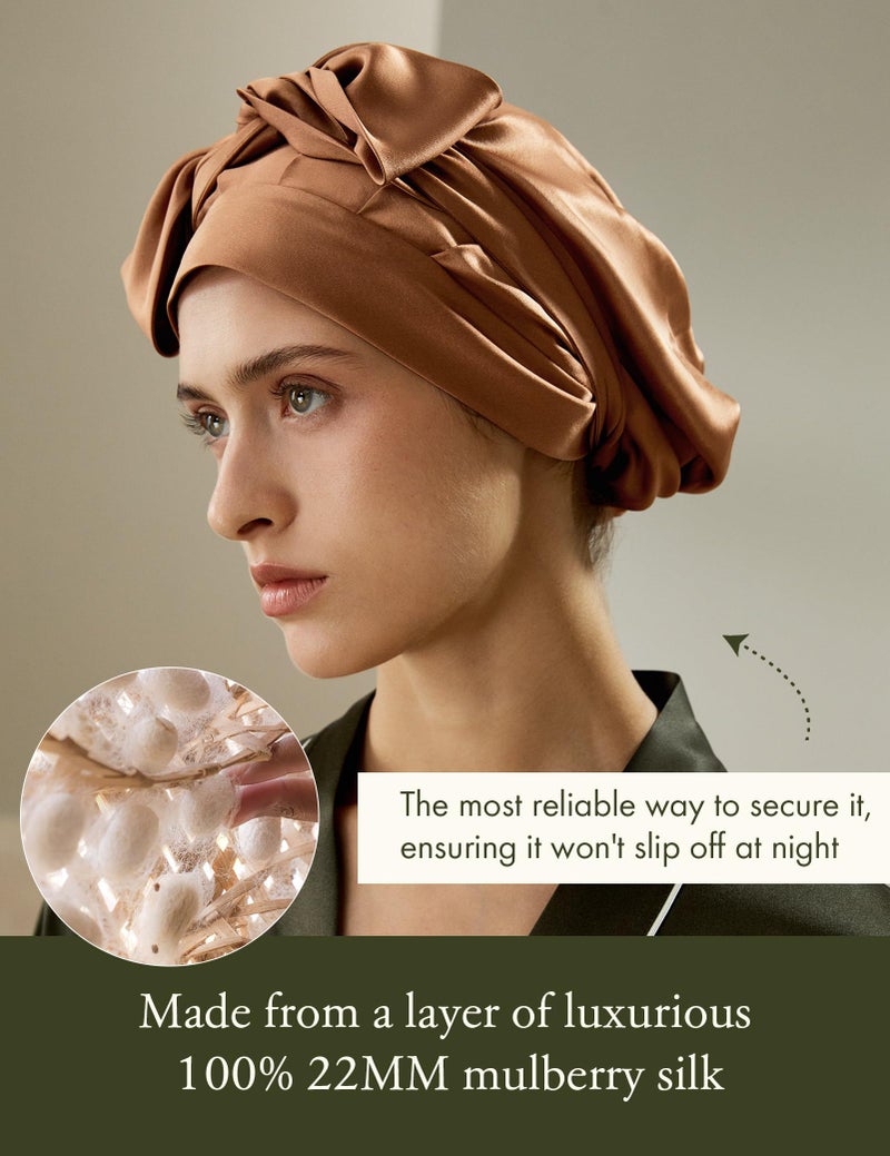 LilySilk 100% 22MM Pure Mulberry Silk Sleep Cap Womens Bonnet for Sleeping Hair Care Night with Long Band Toffee - Image 3