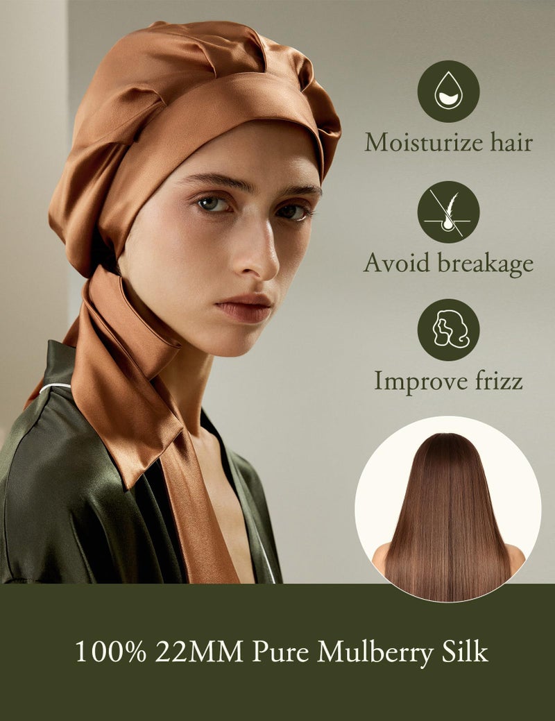 LilySilk 100% 22MM Pure Mulberry Silk Sleep Cap Womens Bonnet for Sleeping Hair Care Night with Long Band Toffee - Image 5