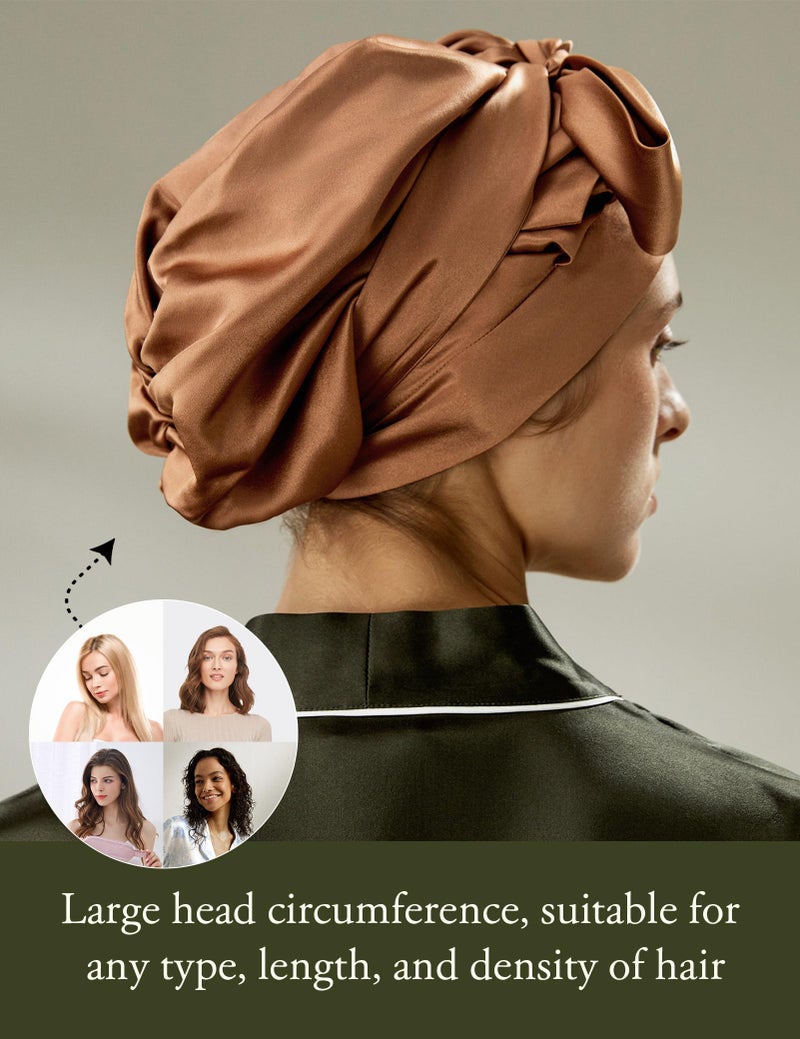 LilySilk 100% 22MM Pure Mulberry Silk Sleep Cap Womens Bonnet for Sleeping Hair Care Night with Long Band Toffee - Image 4