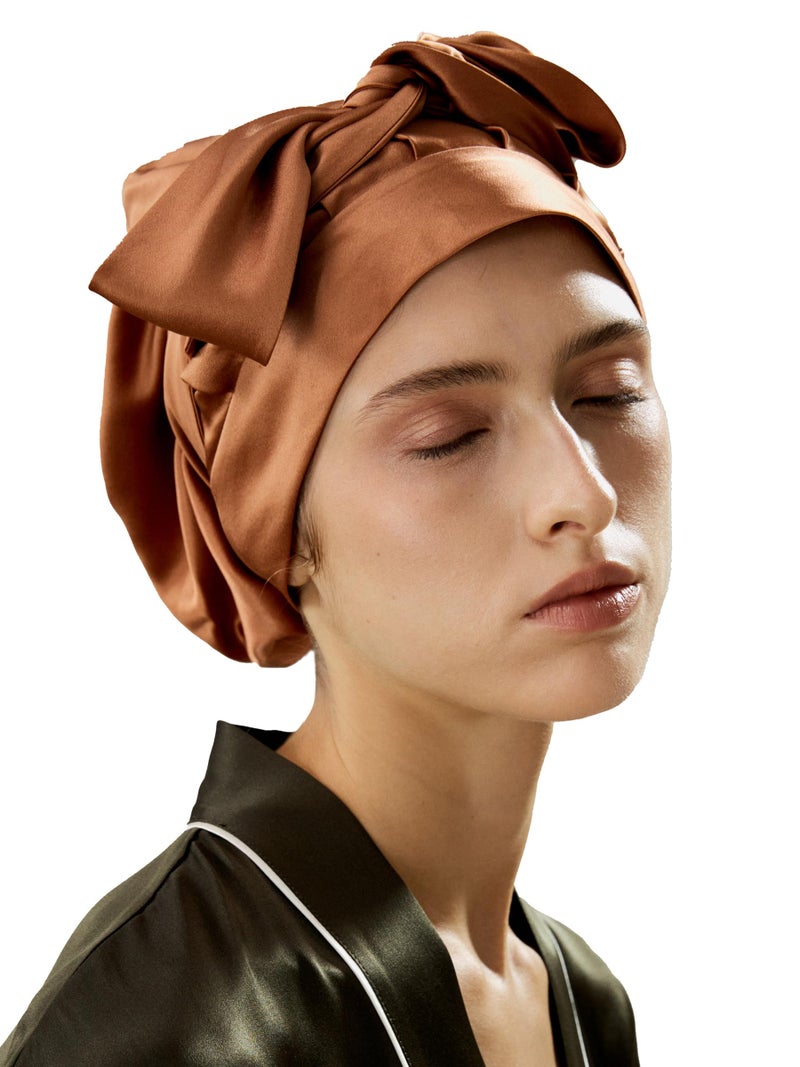 LilySilk 100% 22MM Pure Mulberry Silk Sleep Cap Womens Bonnet for Sleeping Hair Care Night with Long Band Toffee - Image 1