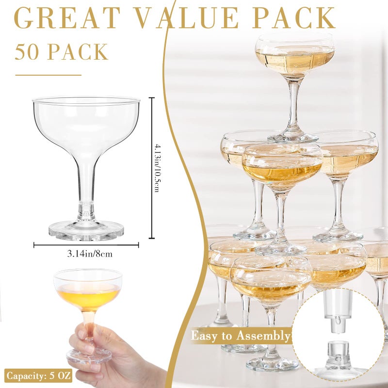 Zopeal 50 Pcs Champagne Glasses 5 oz Unbreakable Plastic Martini Glasses Disposable Wine Cups Stackable Stemmed Champagne Coupe Shatterproof Party Stem Cups for Wedding Birthday Bar (Clear) - Image 2