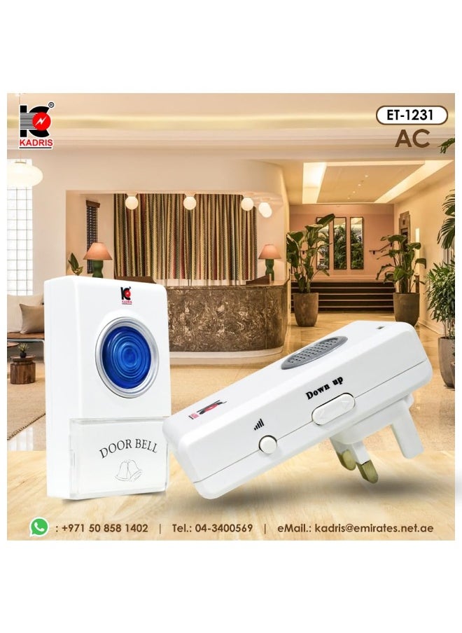 KADRIS - Wireless Door Bell High and Clear Volume ET-1231 UK Plug -13A with 100 Meter Range with Batery - Image 1