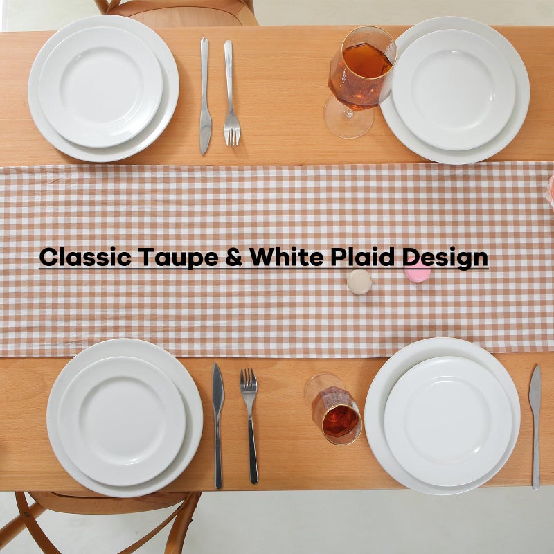 K MASANIJI Taupe White Plaid Gingham Ruffle Table Runner 72 inches Long 100% Washed Cotton Decorative Cabinet Cover (Taupe, 72"x13") - Image 4