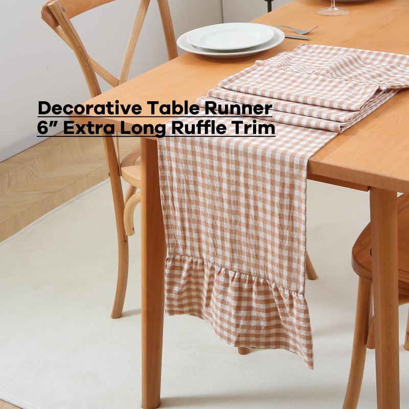 K MASANIJI Taupe White Plaid Gingham Ruffle Table Runner 72 inches Long 100% Washed Cotton Decorative Cabinet Cover (Taupe, 72"x13") - Image 3