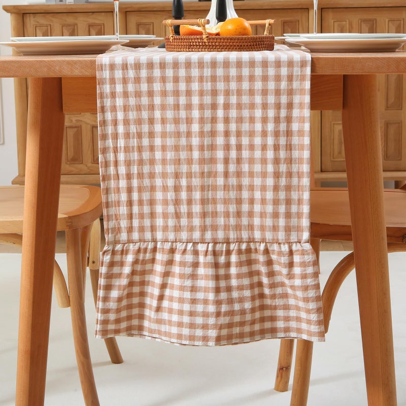 K MASANIJI Taupe White Plaid Gingham Ruffle Table Runner 72 inches Long 100% Washed Cotton Decorative Cabinet Cover (Taupe, 72"x13") - Image 1