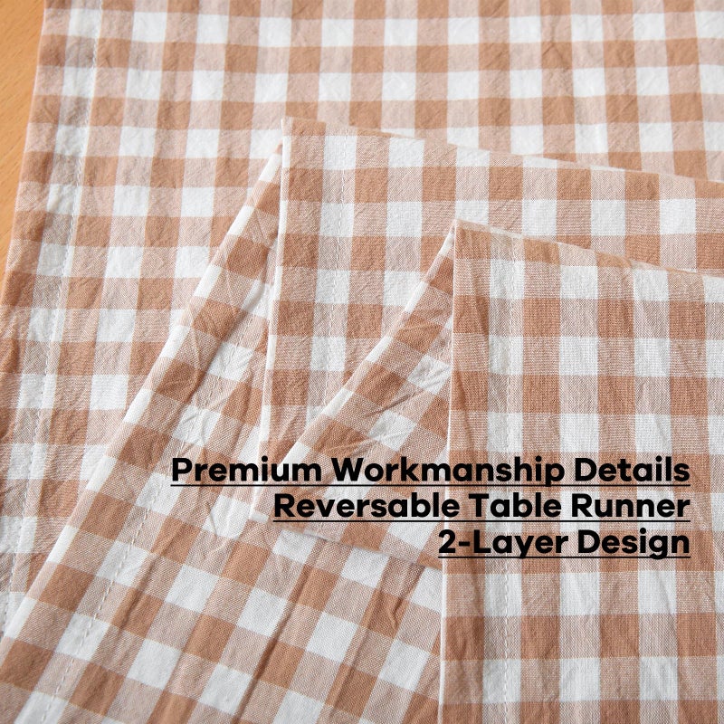 K MASANIJI Taupe White Plaid Gingham Ruffle Table Runner 72 inches Long 100% Washed Cotton Decorative Cabinet Cover (Taupe, 72"x13") - Image 5