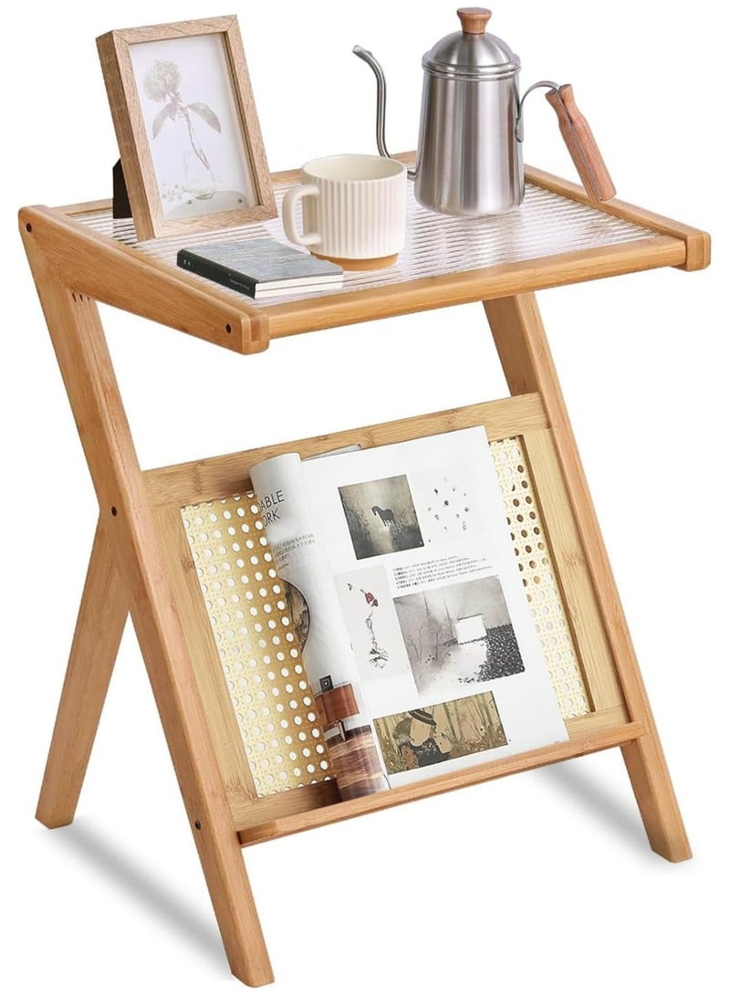 LINGWEI Stylish Z-Shaped Bamboo Side Table with Rattan Shelf & Corrugated Glass Top - Multi-Functional & Easy to Assemble - Perfect for Living Room, Bedroom, Office  - Image 1