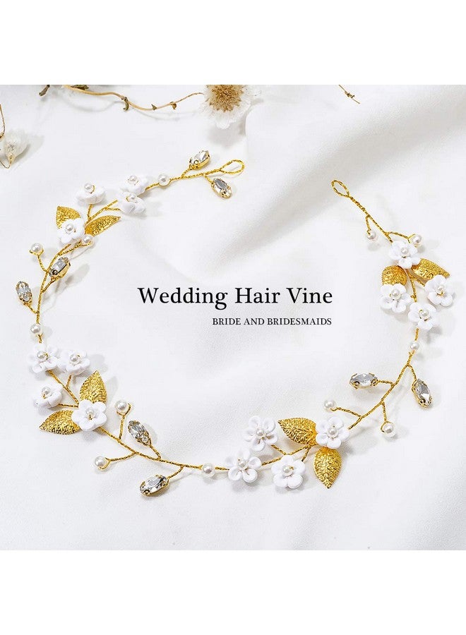 JAKAWIN Bride Flower Wedding Hair Vine Crystal Hair Piece Pearl Bridal Headpiece Leaf Hair Accessories For Women And Girls Hv103 (Gold)  - Image 2