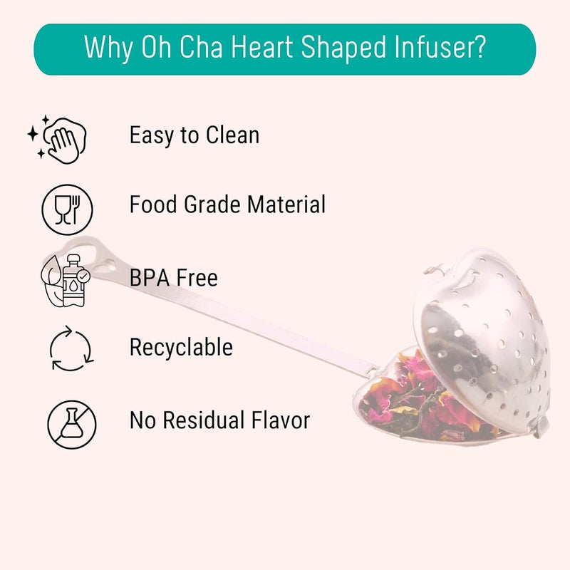 OH CHA مصفاة شاي على شكل قلب | مصفاة من الفولاذ المقاوم للصدأ للاستخدام اليومي | خالية من BPA، متينة | فلتر شاي أخضر وأسود، صانع | 14 سم - Image 2