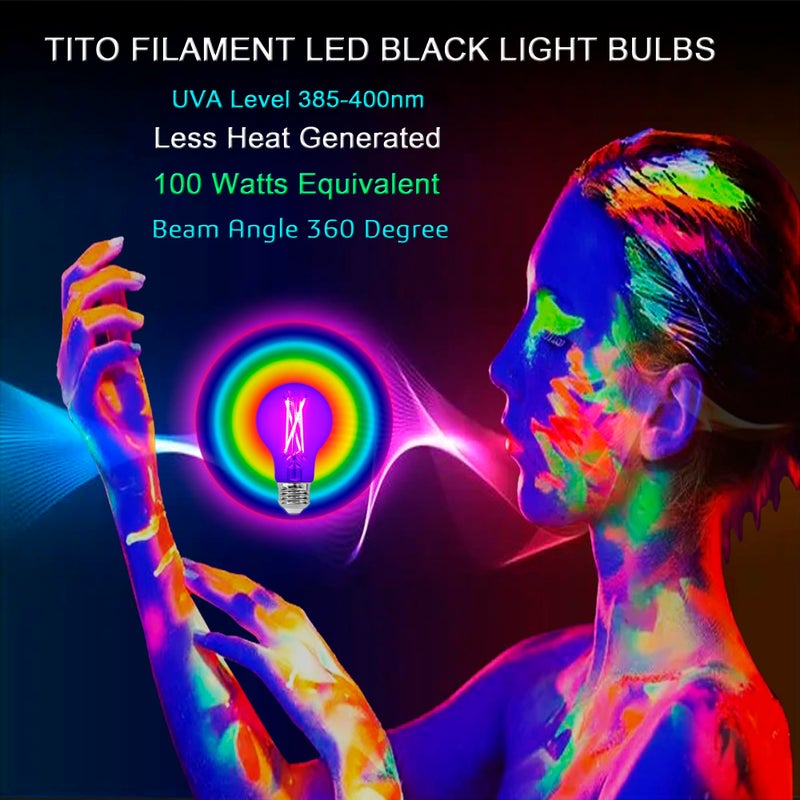 TiTo مصابيح LED سوداء TITO حزمة 2 E26 A19 بخاصية الفيلمانت، UVA 395nm 6W، تعادل 100W، مصباح أسود يتوهج في الظلام لعيد الهالوين وزينة عيد الميلاد وديكور ملصقات الفلورسنت وطلاء الجسم - Image 3