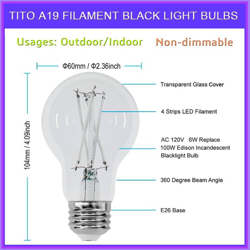 TiTo مصابيح LED سوداء TITO حزمة 2 E26 A19 بخاصية الفيلمانت، UVA 395nm 6W، تعادل 100W، مصباح أسود يتوهج في الظلام لعيد الهالوين وزينة عيد الميلاد وديكور ملصقات الفلورسنت وطلاء الجسم - Image 5