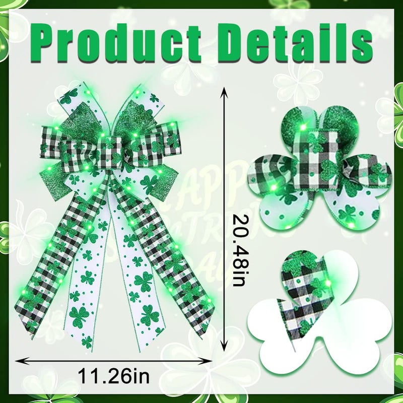 ALIBBON Large LED St. Patrick's Day Bows for Wreaths, St Patrick's Wreath Bows, Glitter Green Shamrock Bows for Crafts, Irish St. Patrick's Day Decor, Buffalo Plaid Bows for Parades Party Supplies - Image 2