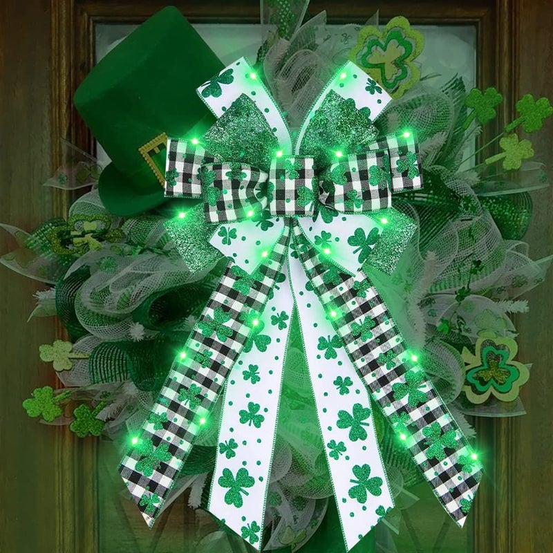ALIBBON Large LED St. Patrick's Day Bows for Wreaths, St Patrick's Wreath Bows, Glitter Green Shamrock Bows for Crafts, Irish St. Patrick's Day Decor, Buffalo Plaid Bows for Parades Party Supplies - Image 1