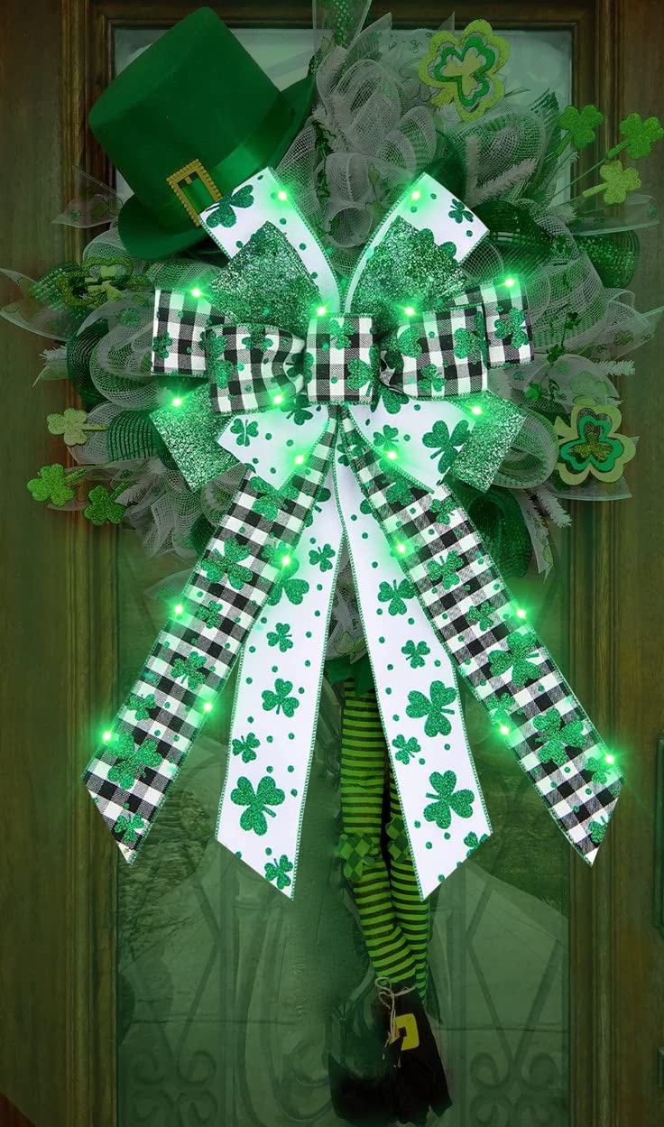 ALIBBON Large LED St. Patrick's Day Bows for Wreaths, St Patrick's Wreath Bows, Glitter Green Shamrock Bows for Crafts, Irish St. Patrick's Day Decor, Buffalo Plaid Bows for Parades Party Supplies - Image 4