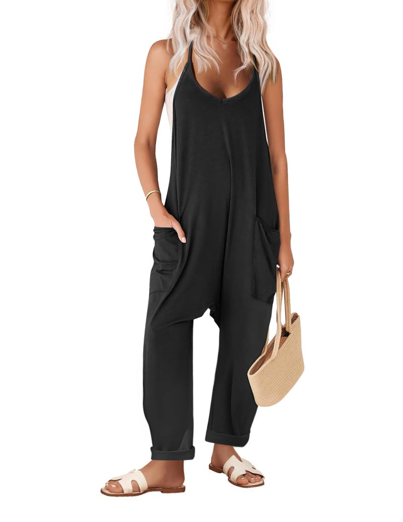 Ekouaer Plus Size Womens Maternity Jumpsuit Baggy Spaghetti Strap Romper Jumpsuit Y2k Harem Overalls Black XL - Image 1