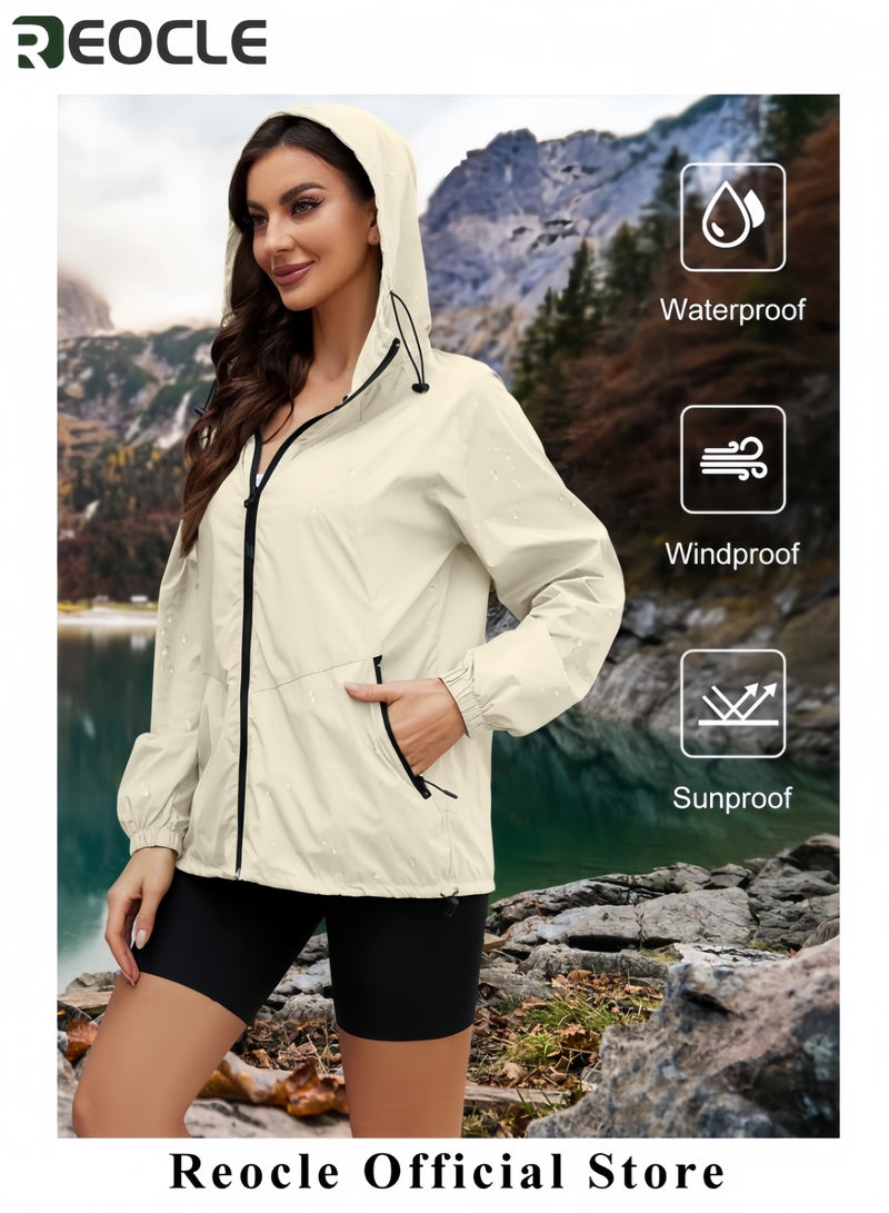 REOCLE Womens Rain Jacket Waterproof Lightweight Packable Outdoor Hooded Windbreaker Windproof Adjustable Raincoat - Image 2