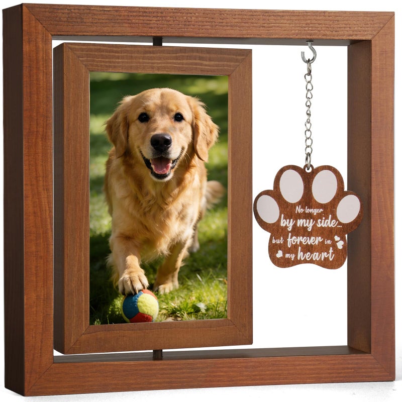 Ricalin Dog Memorial Gifts for Loss of Dog, Rotating Wooden Picture Frame 4x6, Double Sided Display, Pet Memorial Gifts for Dogs with Paw Remembrance Tag, Pet Loss Sympathy Gift - Image 1