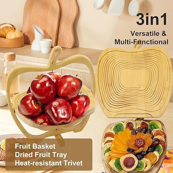 Nilpari Natural Bamboo Foldable Fruit Basket Apple Shaped Fruit Bowl Holder Collapsible Dried Fruit Tray Gift Snack Box Heat Resistant Bamboo Tray for Kitchen Party Christmas Decor - Image 2