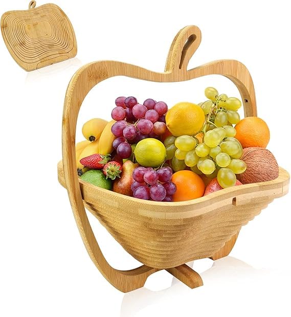 Nilpari Natural Bamboo Foldable Fruit Basket Apple Shaped Fruit Bowl Holder Collapsible Dried Fruit Tray Gift Snack Box Heat Resistant Bamboo Tray for Kitchen Party Christmas Decor - Image 1