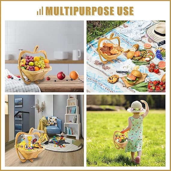 Nilpari Natural Bamboo Foldable Fruit Basket Apple Shaped Fruit Bowl Holder Collapsible Dried Fruit Tray Gift Snack Box Heat Resistant Bamboo Tray for Kitchen Party Christmas Decor - Image 4