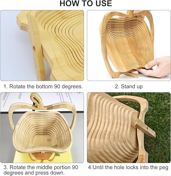Nilpari Natural Bamboo Foldable Fruit Basket Apple Shaped Fruit Bowl Holder Collapsible Dried Fruit Tray Gift Snack Box Heat Resistant Bamboo Tray for Kitchen Party Christmas Decor - Image 5