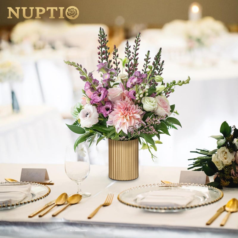 NUPTIO Gold Vases for Centerpieces Wedding: 2 Pcs 5.1 inch Metal Flower Vase Flowers Stand Wedding Centerpieces for Tables Centerpiece Table Decorations - Image 2