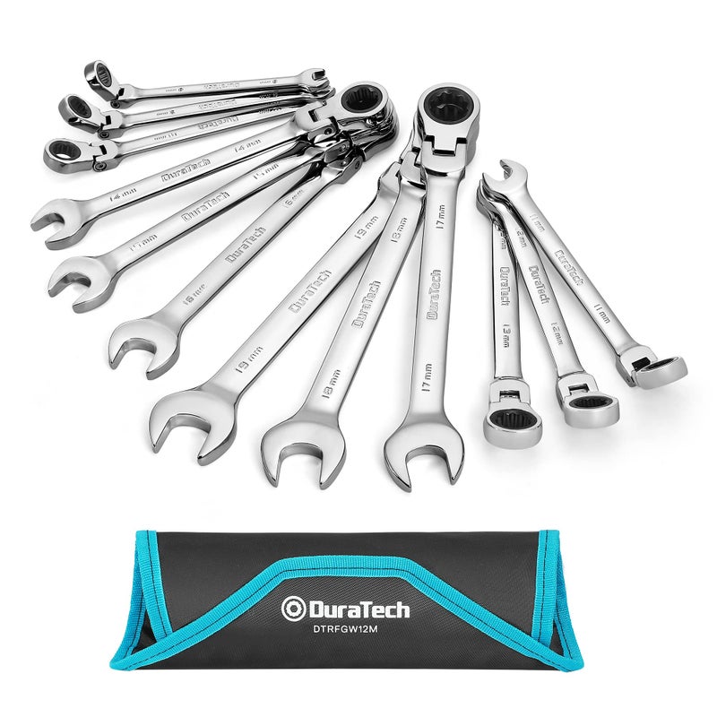 DURATECH Flex-Head Ratchet Spanner Set, 12-Piece Combination Wrench Set with 72 Tooth Ratchet Gear, Chrome Vanadium Steel, Metric, 8-19mm - Image 1