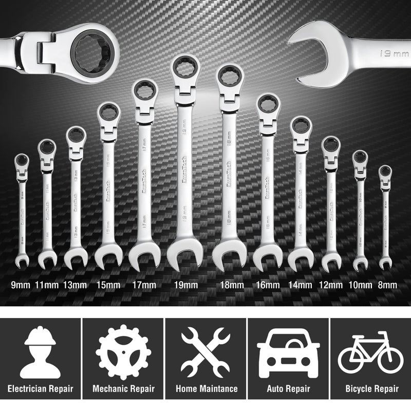 DURATECH Flex-Head Ratchet Spanner Set, 12-Piece Combination Wrench Set with 72 Tooth Ratchet Gear, Chrome Vanadium Steel, Metric, 8-19mm - Image 2