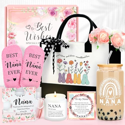 Saineron Nana Gifts For Nana Birthday Gifts For Grandma Gift Ideas For Grandmother Birthday Gift Include Grandma Tote Bag Bracelet Cup Candle Socks Acrylic Puzzle For Mothers Day Christmas Easter - Image 1