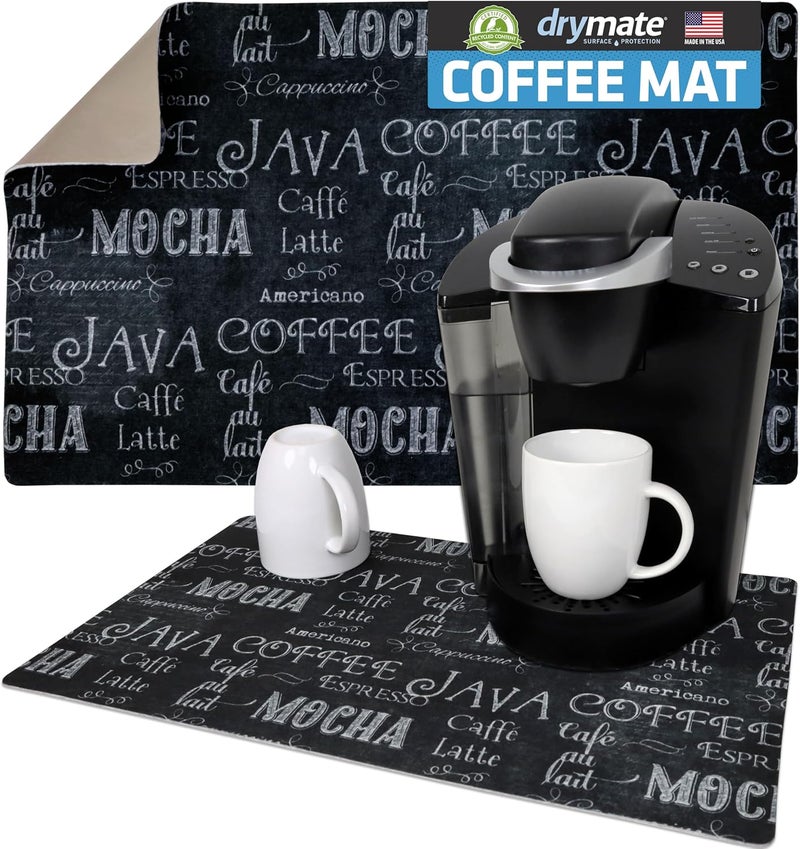 drymate Coffee Maker Mat, (Coffee Station Bar Accessory) Protects Kitchen Countertops From Spills, Stains & Scratches, Absorbent, Waterproof, Washable (USA Made) (12” x 20”) (Java Chalkboard) - Image 1