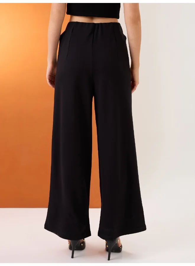 globus Women Black Solid Mid-Rise Relaxed Fit Formal Wide Leg Trousers