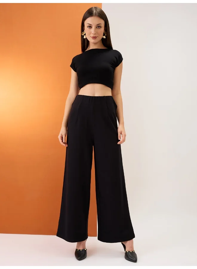 globus Women Black Solid Mid-Rise Relaxed Fit Formal Wide Leg Trousers