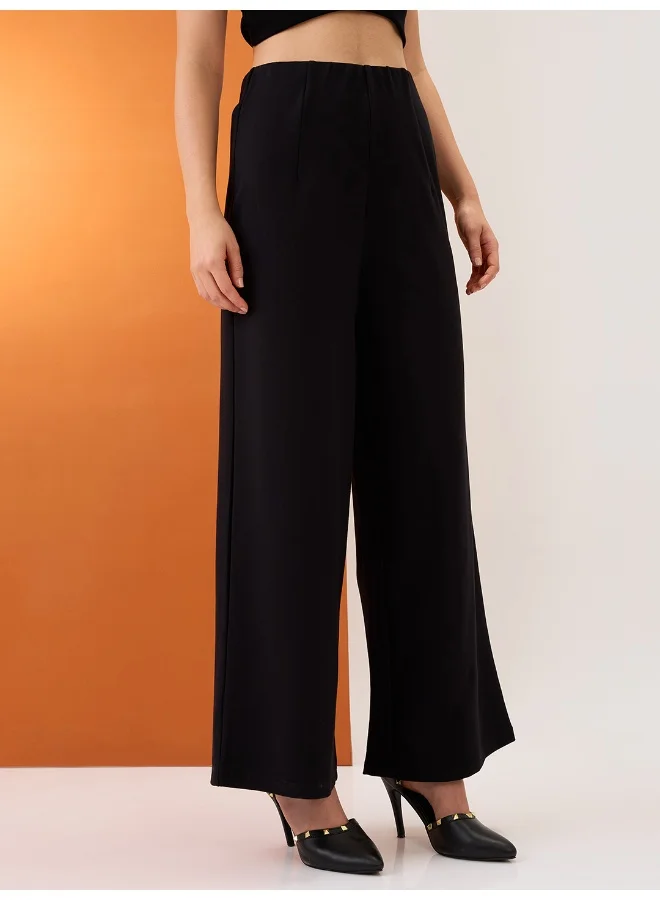 globus Women Black Solid Mid-Rise Relaxed Fit Formal Wide Leg Trousers