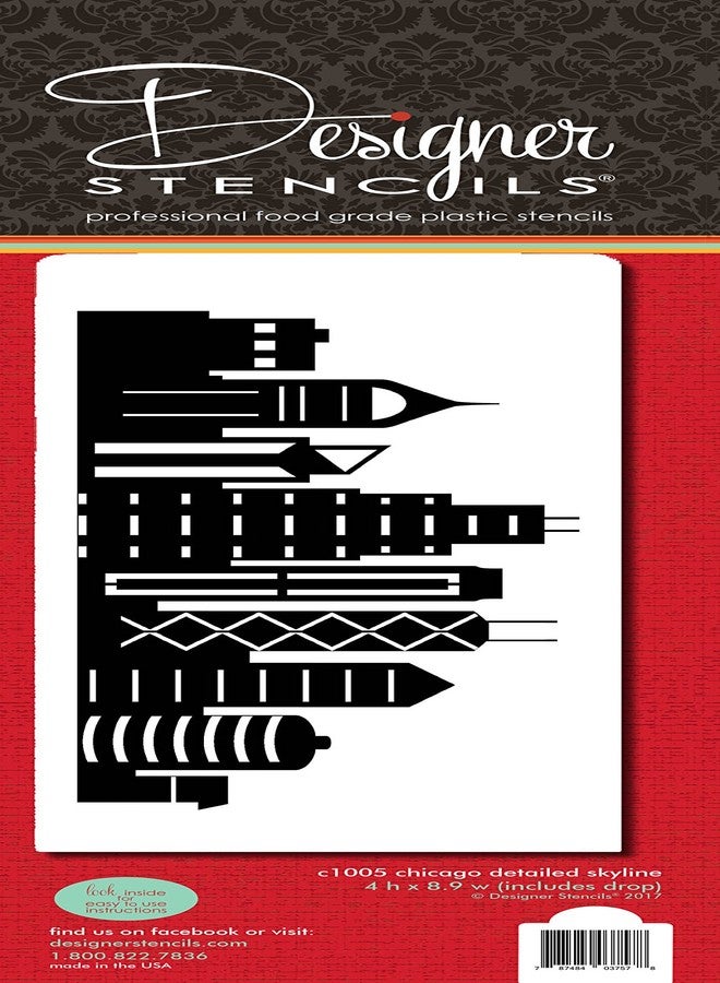 ديزاينر ستينسلز قالب كيك بتصميم أفق مدينة شيكاغو المفصل، الجانب C1005 من تصميم Designer Stencils - Image 1