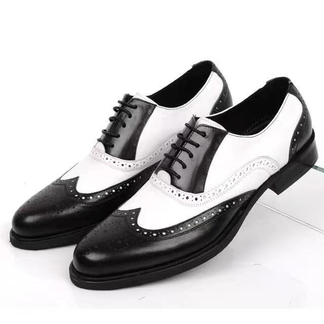 New Brogue Carving Colorblock Trendy Mens Leather Shoes White and Black