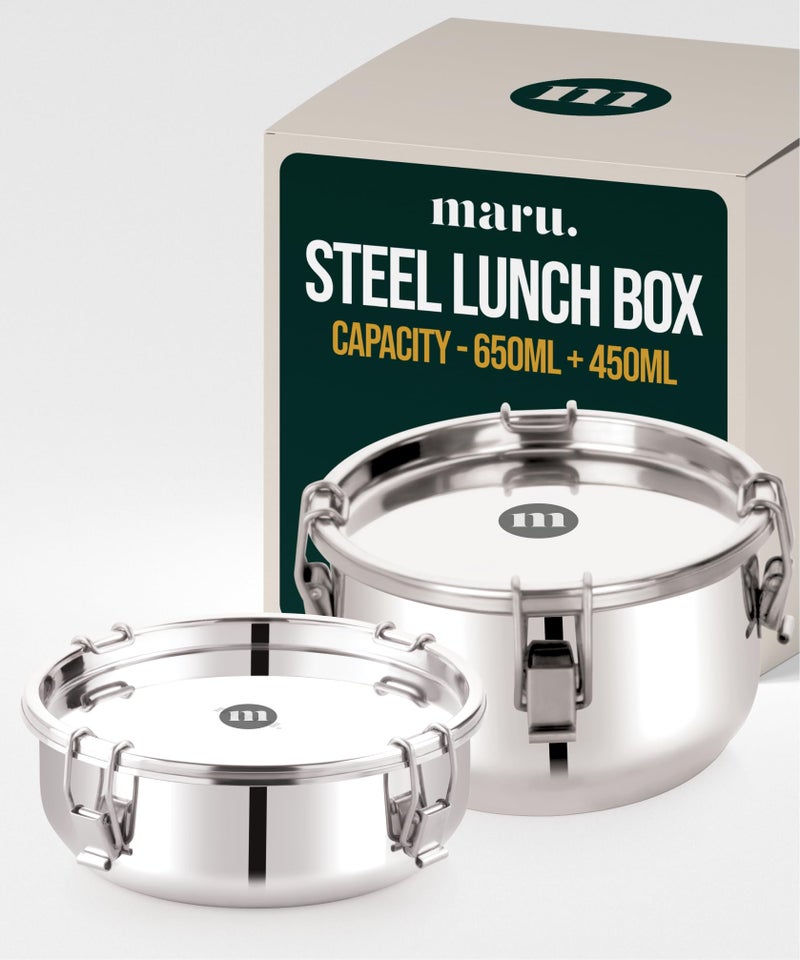 MARU Steel Big Leakproof Tiffin/Lunch Box 650ml+450ml for School/Office, Avoid Spilling of Curry & Liquid Items, Airtight Snacks Box is Perfect for Men/Women & Kids, Durable & Multipurpose - Image 1