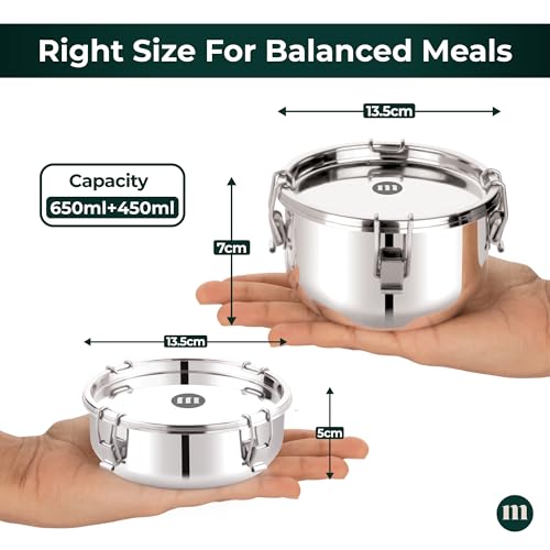 MARU Steel Big Leakproof Tiffin/Lunch Box 650ml+450ml for School/Office, Avoid Spilling of Curry & Liquid Items, Airtight Snacks Box is Perfect for Men/Women & Kids, Durable & Multipurpose - Image 2