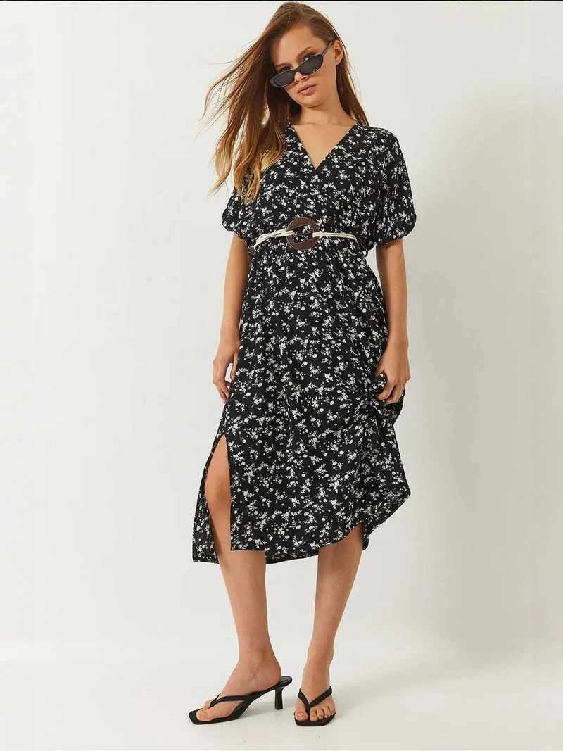 LUCCI Textured V-Neck Midi Dress with Belt