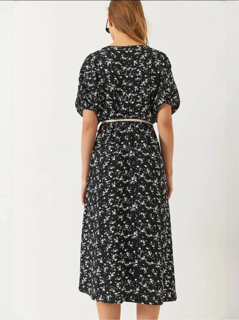 Bianco Lucci Black LUCCI Textured V-Neck Midi Dress with Belt for Women | Best Price UAE