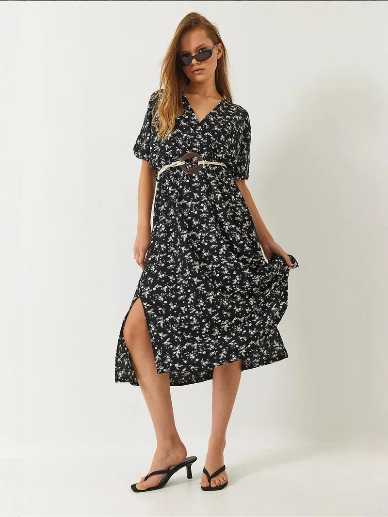 Bianco Lucci Black LUCCI Textured V-Neck Midi Dress with Belt for Women | Best Price UAE