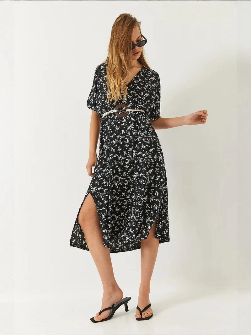 Bianco Lucci Black LUCCI Textured V-Neck Midi Dress with Belt for Women | Best Price UAE