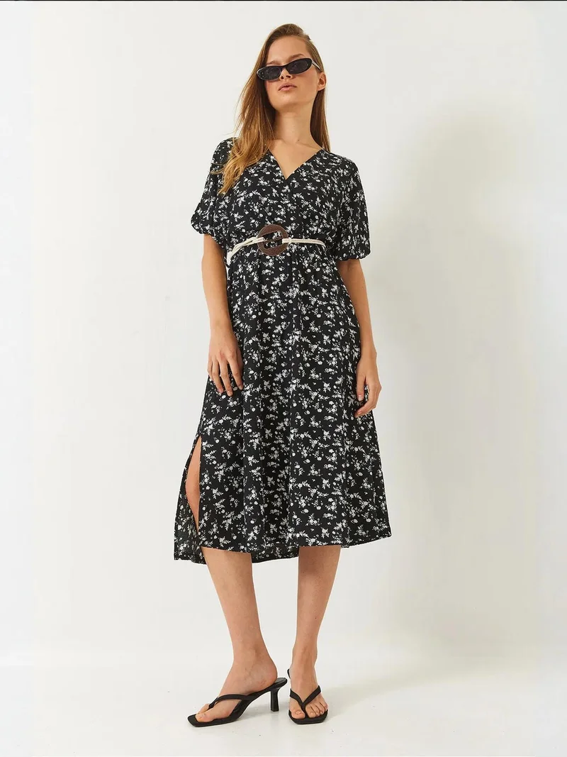 Bianco Lucci Black LUCCI Textured V-Neck Midi Dress with Belt for Women | Best Price UAE