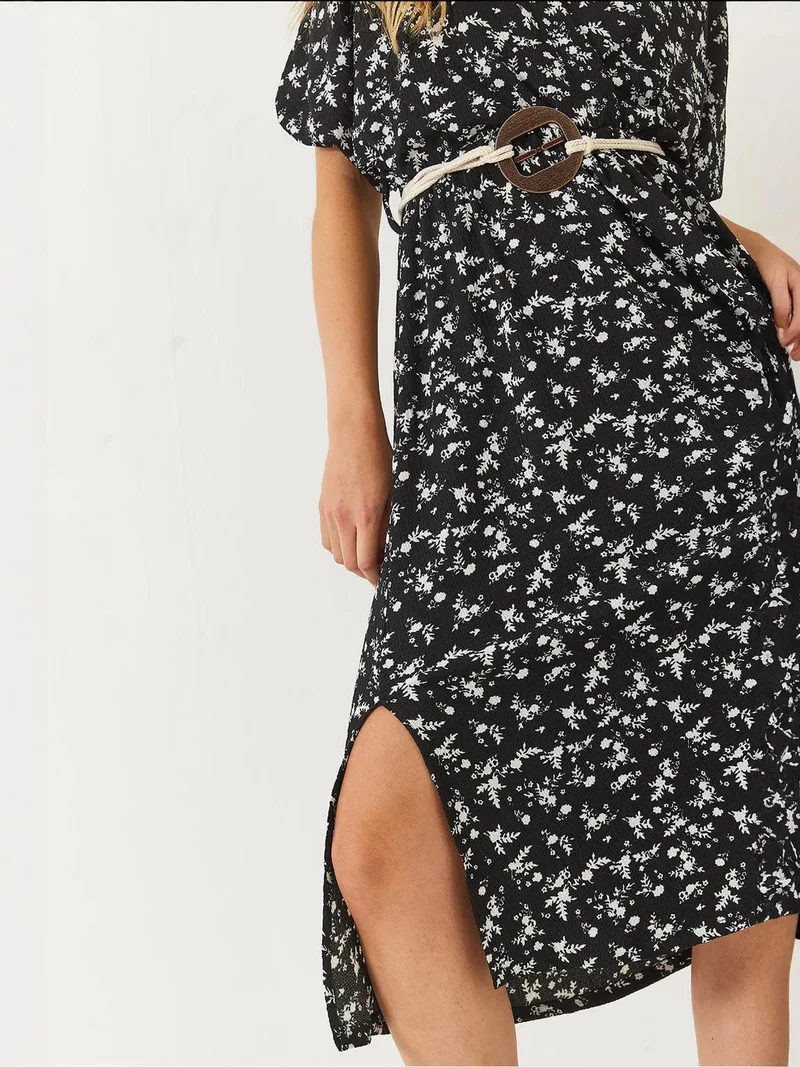 Bianco Lucci Black LUCCI Textured V-Neck Midi Dress with Belt for Women | Best Price UAE