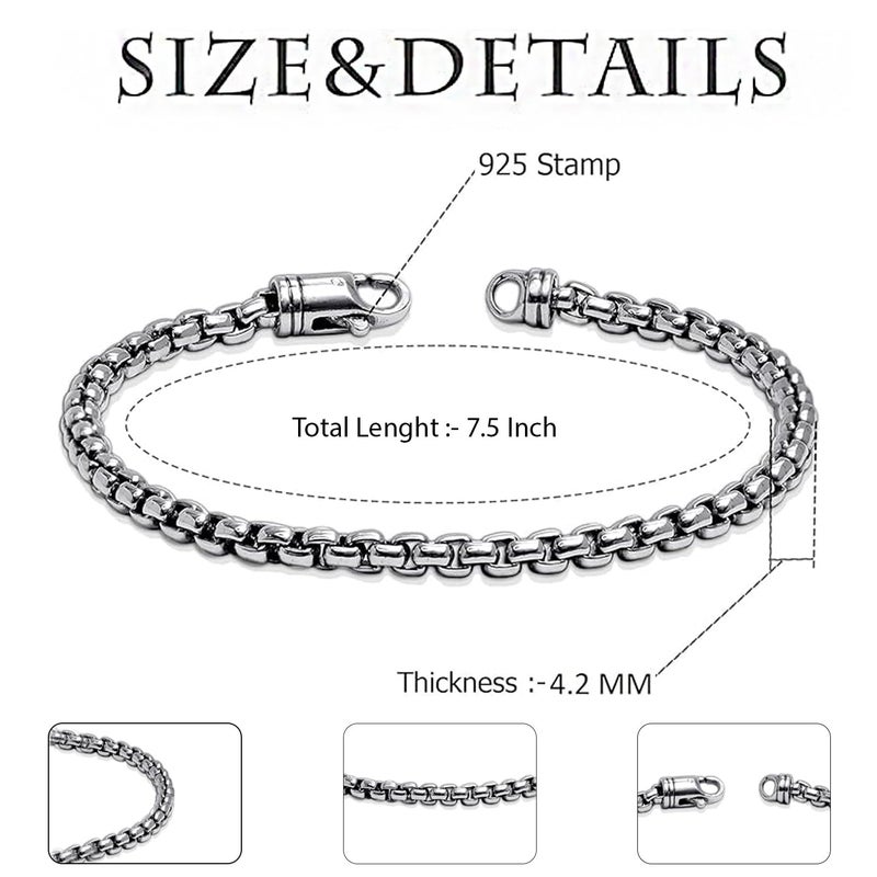 LeCalla Solid 925 Sterling Silver Men's Box Chain Bracelet | Antique Italian 4.2MM Square Rolo Link Round Box Chain Bracelets for Men 7.5 Inches, Made in Italy - Image 5