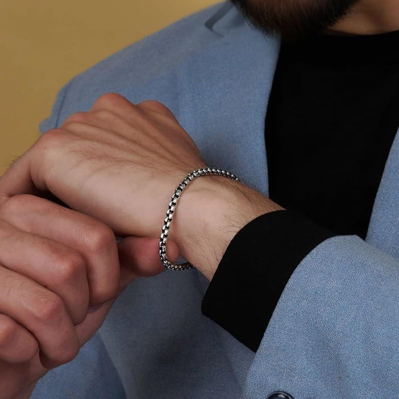 LeCalla Solid 925 Sterling Silver Men's Box Chain Bracelet | Antique Italian 4.2MM Square Rolo Link Round Box Chain Bracelets for Men 7.5 Inches, Made in Italy - Image 3