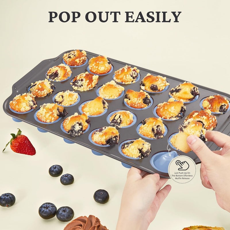 BRONYPRO Silicone Mini Muffin Pan with Metal Frame, Egg Bite Molds for Baking,Cupcake Pan 24 Regular Size, Mini Muffin Tin Easy to Pop Nonstick Non Toxic Bakeware for Oven,Blue - Image 4