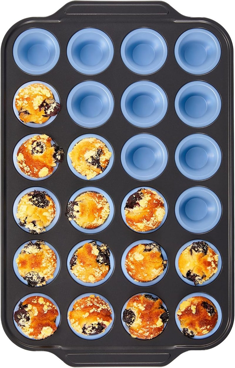 BRONYPRO Silicone Mini Muffin Pan with Metal Frame, Egg Bite Molds for Baking,Cupcake Pan 24 Regular Size, Mini Muffin Tin Easy to Pop Nonstick Non Toxic Bakeware for Oven,Blue - Image 1